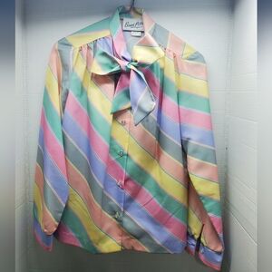 Vintage Bonné Petite Womens Pastel Striped Blouse 8P Neck Tie Secretary ILGWU.